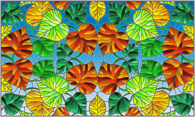 Fototapeta na wymiar Illustration in stained glass style with abstract leaf pattern, colorful leaves on blue background