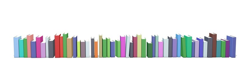 Row of different colorful books. Isolated on white background. 3D rendering.