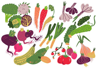 Vegetables Set, Healthy Nutrition Food, Carrot, Onion, Garlic, Cucumber, Cabbage, Tomato, Broccoli, Beet, Radish, Zucchini Vector Illustration