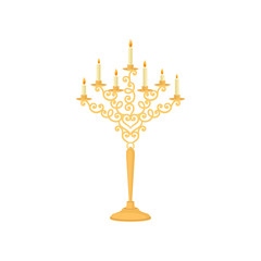 Antique gold candlestick on white background. Royal room.
