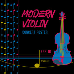 Modern violin concert poster. Colorful vector illustration on black background - 257809745