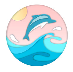 Dolphin jumping out of the water. Cut out paper art style design
