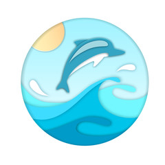 Dolphin jumping out of the water. Cut out paper art style design