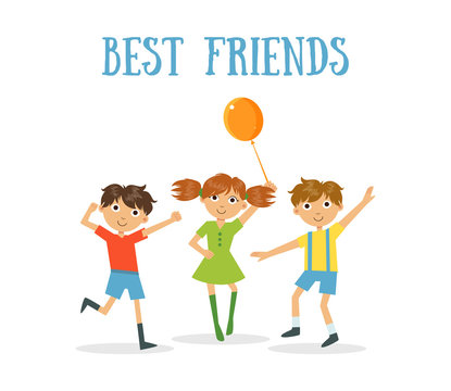 Best Friends Banner, Two Happy Boys and Girl Having Fun Vector Illustration