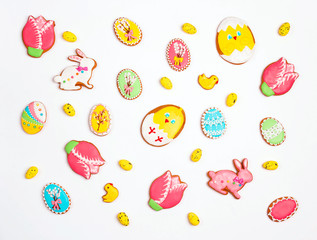 Easter homemade gingerbread cookies on a white background.