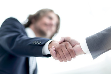 Two businessman shaking hands greeting each other