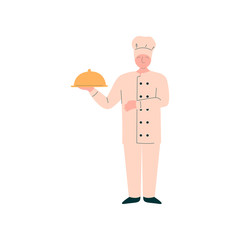 Male Chef Holding Metal Food Platter Cloche, Professional Kitchener Character in Uniform Preparing Delicious Dish Vector Illustration