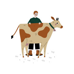 Male Farmer Standing Next to Spotted Cow, Dairy Cattle Animal Husbandry Breeding Vector Illustration