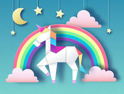 Fototapeta Fantasy animal horse unicorn with rainbow. Cut out paper art style design. Origami