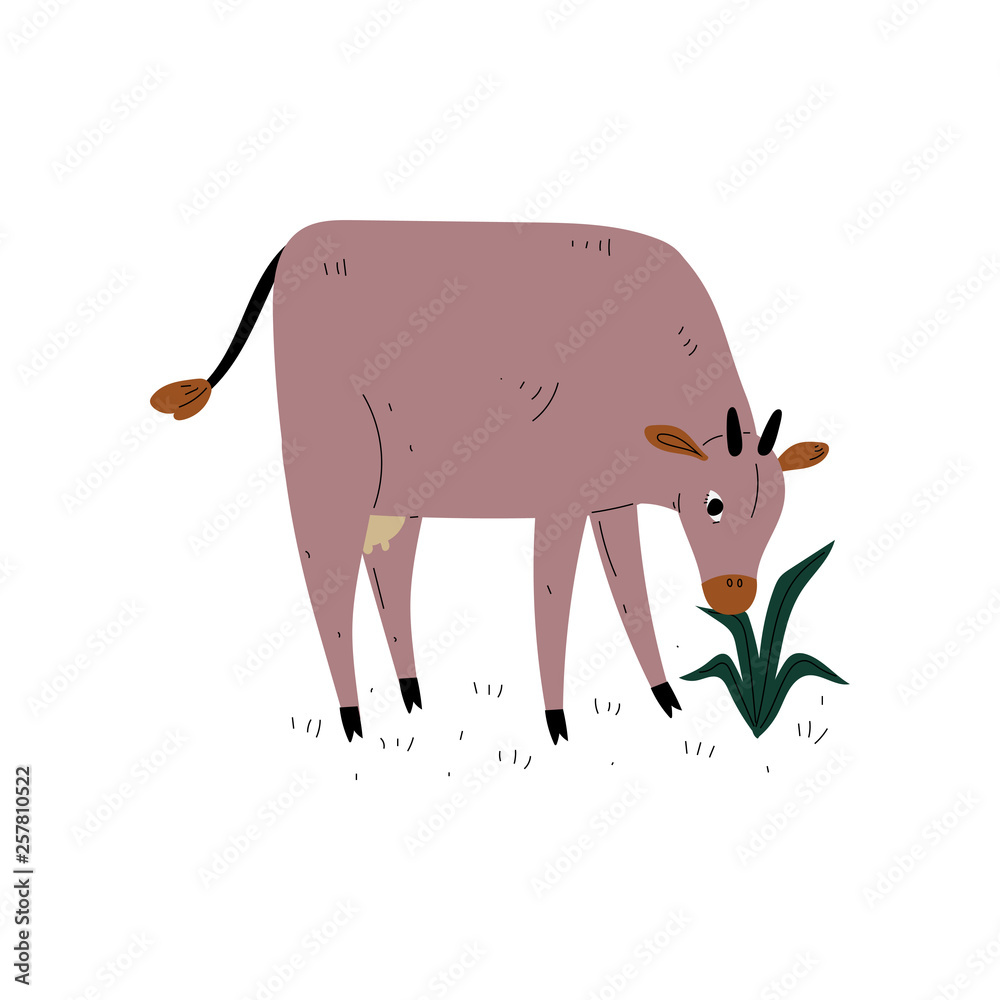 Sticker Brown Cow Grazing on Meadow, Dairy Cattle Animal Husbandry Breeding Vector Illustration