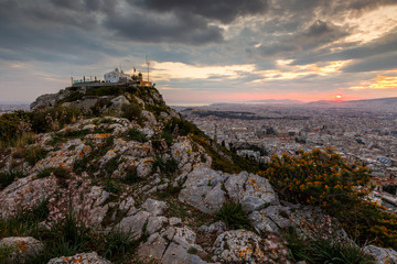 View of Athens from Lycabettus hill at sunset, Greece. 