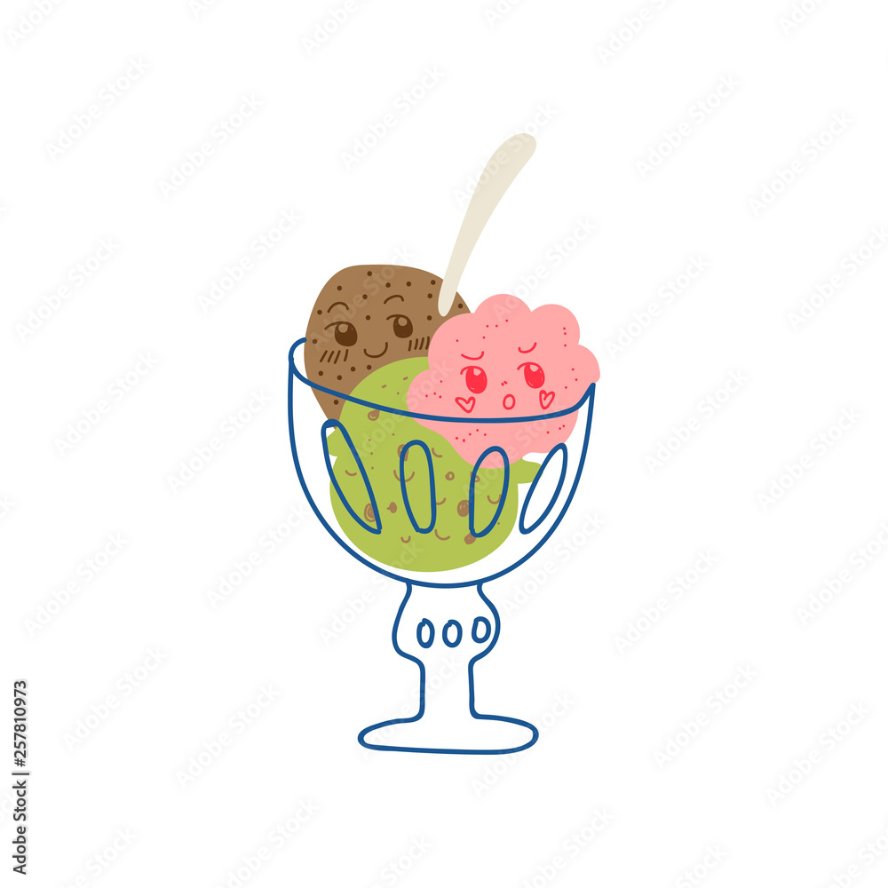 Canvas Prints Cute Delicious Ice Cream Balls in Glass Bowl, Adorable Kawaii Sweet Dessert with Funny Face Vector Illustration