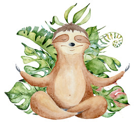 Watercolor yoga sloth in lotus position cute hand drawn illustration © EvgeniiasArt