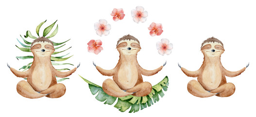 Watercolor yoga sloths set in lotus position with flowers cute hand drawn illustration