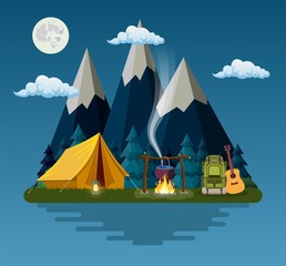 tent, campfire, mountains, forest and water. Background for summer camp, nature tourism, camping or hiking design concept. Vector illustration in flat style