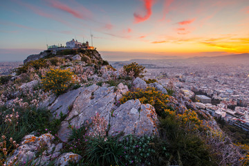 View of Athens from Lycabettus hill at sunset, Greece. 