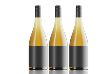 Three glass bottles with black labels for alcoholic beverages on white background. Mock up. 3d rendering