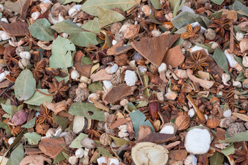 Spice assortment heap close-up in a chinese market, Chengdu, China