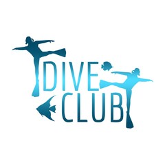 Silhouette of diver. Graphic design of stamp. The concept of sport diving.