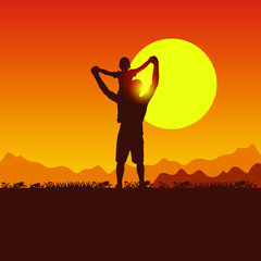 Father and son camping. Silhouette of people on the sun background. Spring family picnic trip. Summer travel with a child. Nature, mountains, hills and sunset.