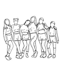 vector, on a white background, sketch of children stand hugging