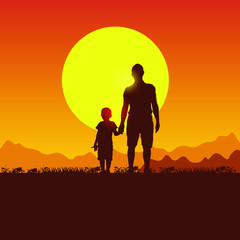 Nature, mountains, hills and sunset. Father and son camping. Silhouette of people on the sun background. Spring family picnic trip. Summer travel with a child.