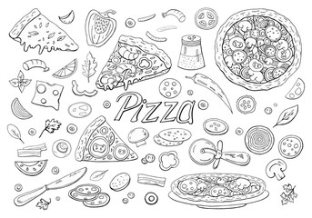 Big italian pizza and pizza ingredients isolated on white background.