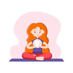 Character of young red-haired girl in the lotus position in flat style,