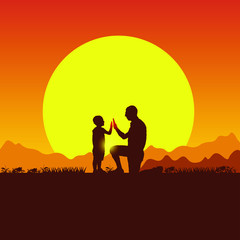 Concept of spring family picnic trip. Summer travel with a child. Father and son camping. Silhouette of people on the sun background. Nature, mountains, hills and sunset.