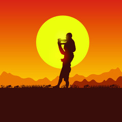 Naklejka premium Concept of nature, mountains, hills and sunset. Summer travel with a child. Father and son camping. Silhouette of people on the sun background. Spring family picnic trip