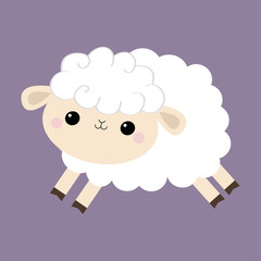 Sheep lamb icon. Cloud shape. Jumping animal. Cute cartoon kawaii funny smiling baby character. Nursery decoration. Sweet dreams. Flat design. Violet background. Isolated.