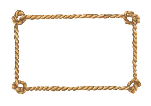 Watercolor painting of Brown rope frame with knots isolated on white background.