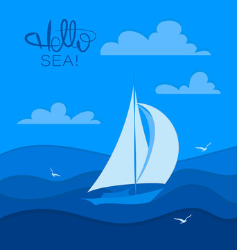 Hello, sea. Sailboat and seagulls. Stylized sailboat on the waves. Design for banner, poster, print on fabric or paper.