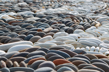 Fototapeta na wymiar Oval pebbles or stones are laid in a pattern. White cobblestones are lined with a bend. The stones lie close to each other. Decoration for garden. The pebbles are illuminated by sunlight.