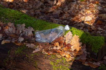 Fototapeta na wymiar Plastic bottle waste on forest floor closeup