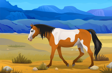 Fototapeta na wymiar Vector side view indian horse wild mustang piebald color scenic prairie or steppe landscape with beautiful mountains wild west 