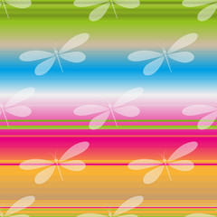 Fototapeta na wymiar Bright striped seamless pattern with white translucent dragonflies