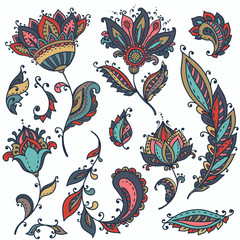 Big vector set of colorful henna floral elements