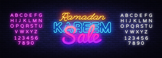 Ramadan Kareem sale neon design. Ramadan Holiday discounts vector illustration design template in modern trend style, neon style, light banner for shop. Editing text neon sign