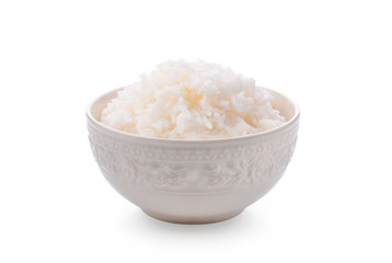 bowl full of rice on white background.