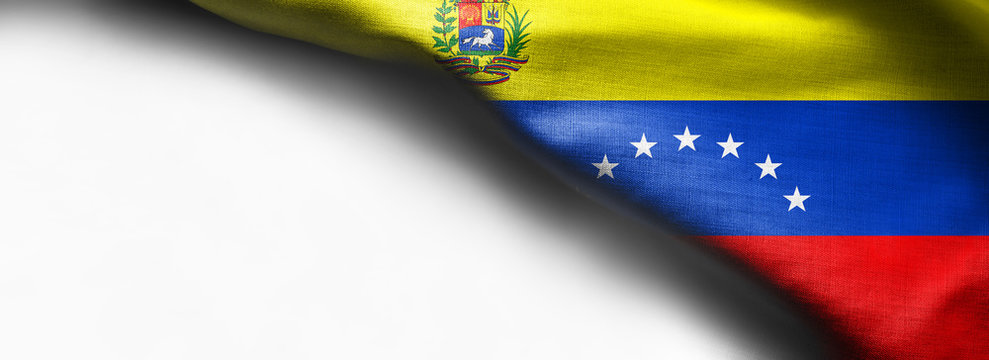 Close up of the national flag of Venezuela on white background - right top corner flag