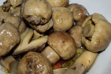 Boiled champignon mushrooms in white plate