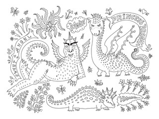 A fat  lying dragon woman in bicycle gloves, saying meow, little dinosaur princess. Linear cartoon black sketch on a white background. Tee-shirt print, adults coloring book page, poster, book cover