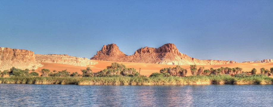 Panoramic view to Boukkou lake group of Ounianga Serir lakes at the Ennedi, Chad