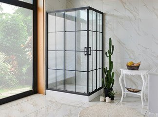 Decorative black grid shower interior bath room.