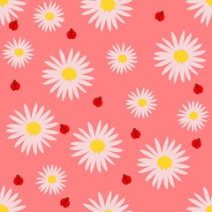 Obraz premium Daisy flowers and ladybugs seamless vector background