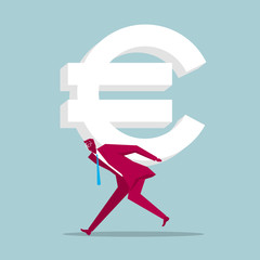 Businessman carries the euro symbol. Isolated on blue background.