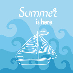 Summer is coming - handdrawn lettering. Pleasure boat, waves, fish