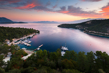 Morning view of the Spilia harbur on Meganisi island as seen from Spartochori village.