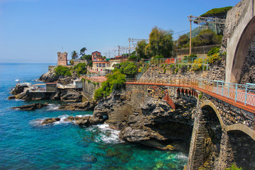 Seascape with the Mediterranean rocky coastline and promenade at Genoa Nervi, Liguria, Italy  © Sebastian